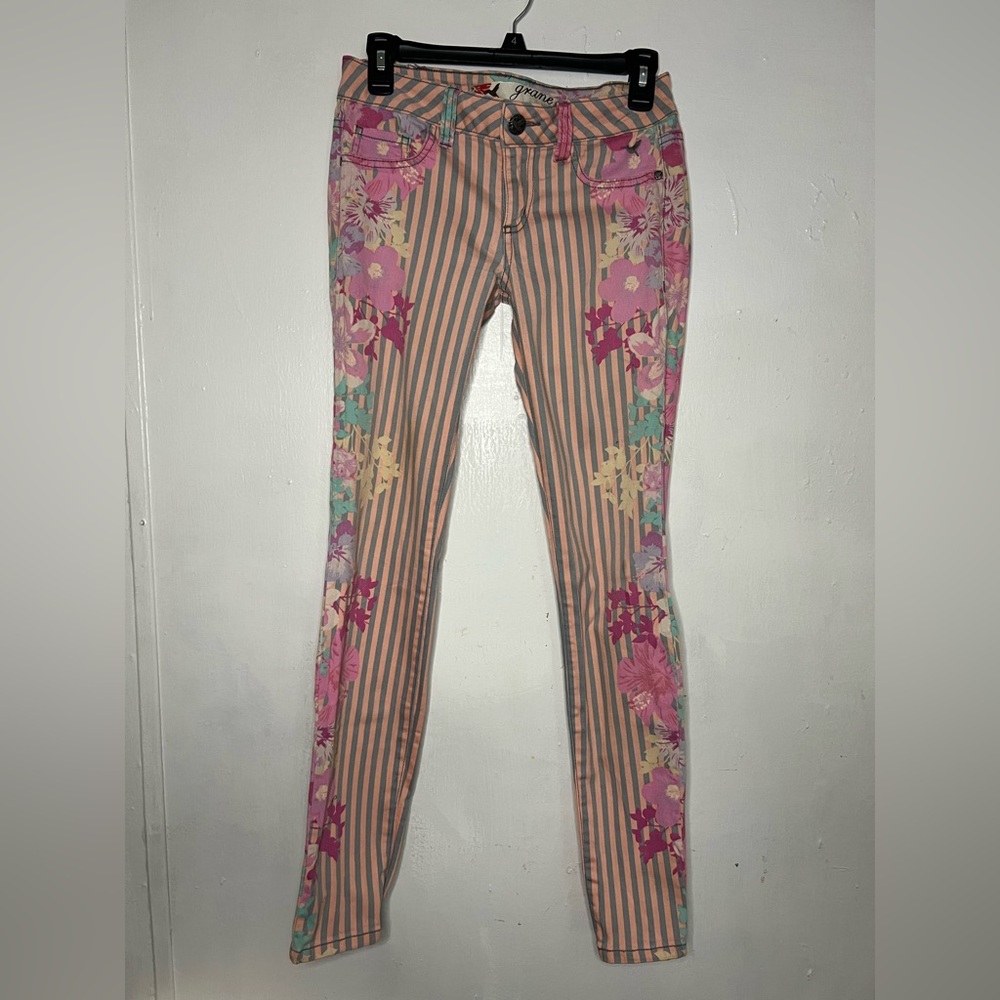 Floral Striped Women's Pants pink Cute Pastel Skinny Jeans